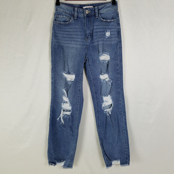 SO Jeans Juniors 1 Blue High Rise Denim Womens Destroyed Straight Leg Frayed Hem - Picture 1 of 16